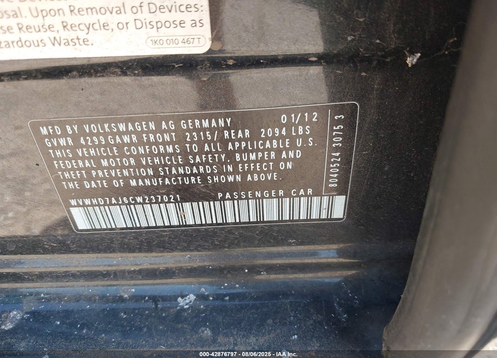 2012 VOLKSWAGEN GTI 4-DOOR VIN: WVWHD7AJ6CW237021