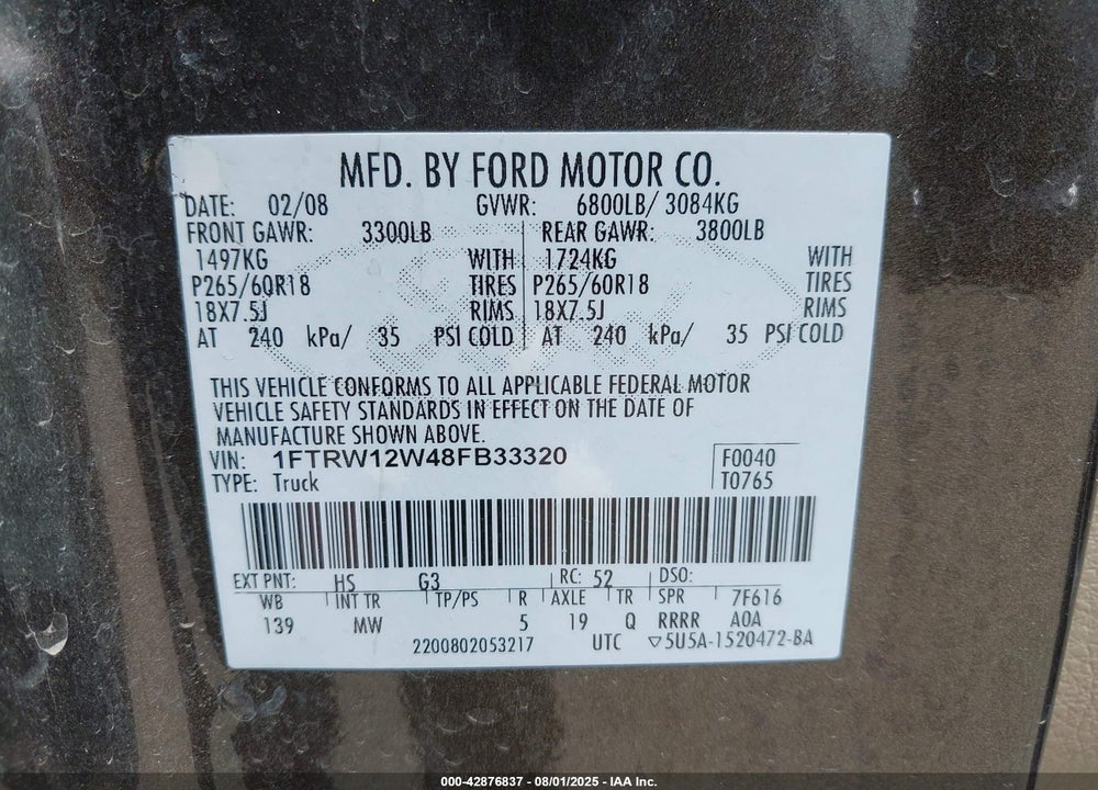 2008 FORD F-150 60TH ANNIVERSARY/FX2/XL/XLT VIN: 1FTRW12W48FB33320