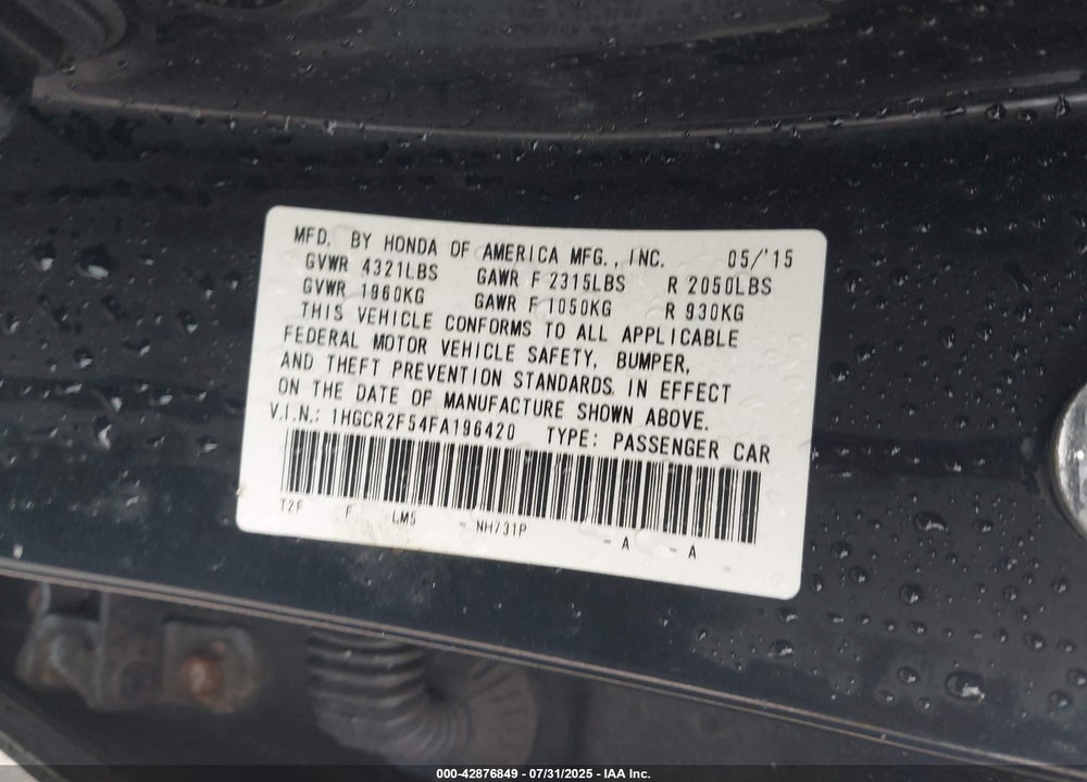 2015 HONDA ACCORD VIN: 1HGCR2F54FA196420