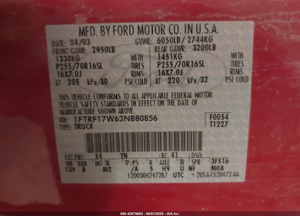 2003 FORD F-150 XL/XLT VIN: 1FTRF17W63NB80856