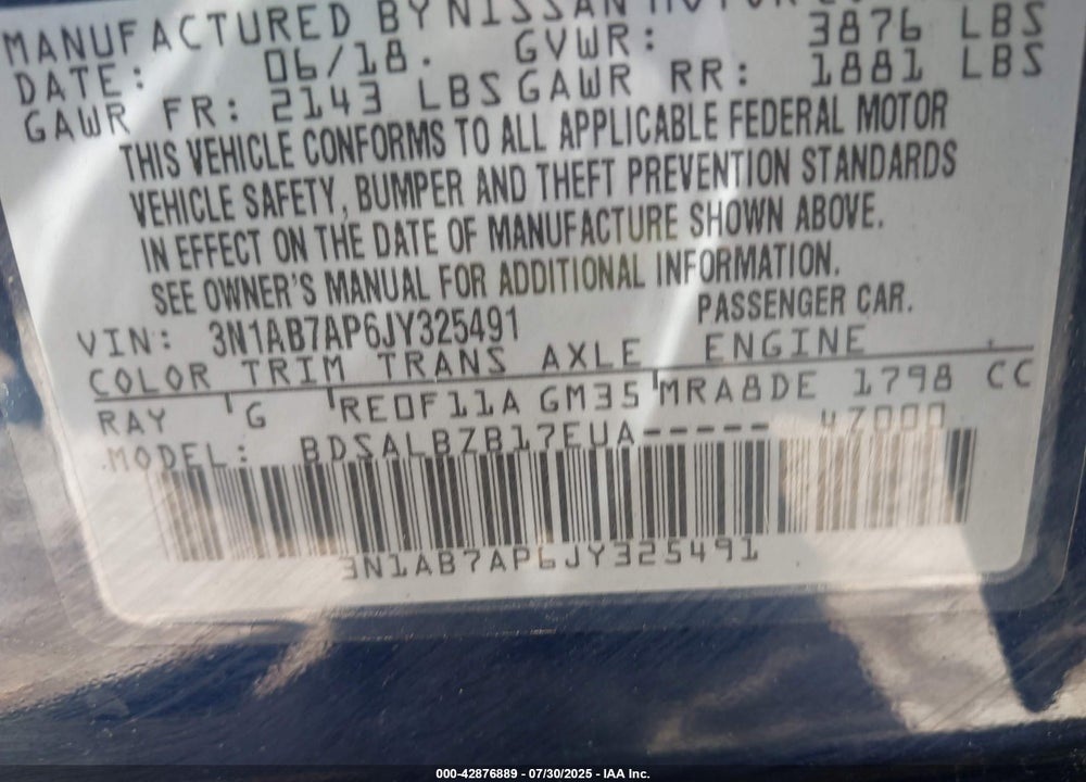 2018 NISSAN SENTRA VIN: 3N1AB7AP6JY325491