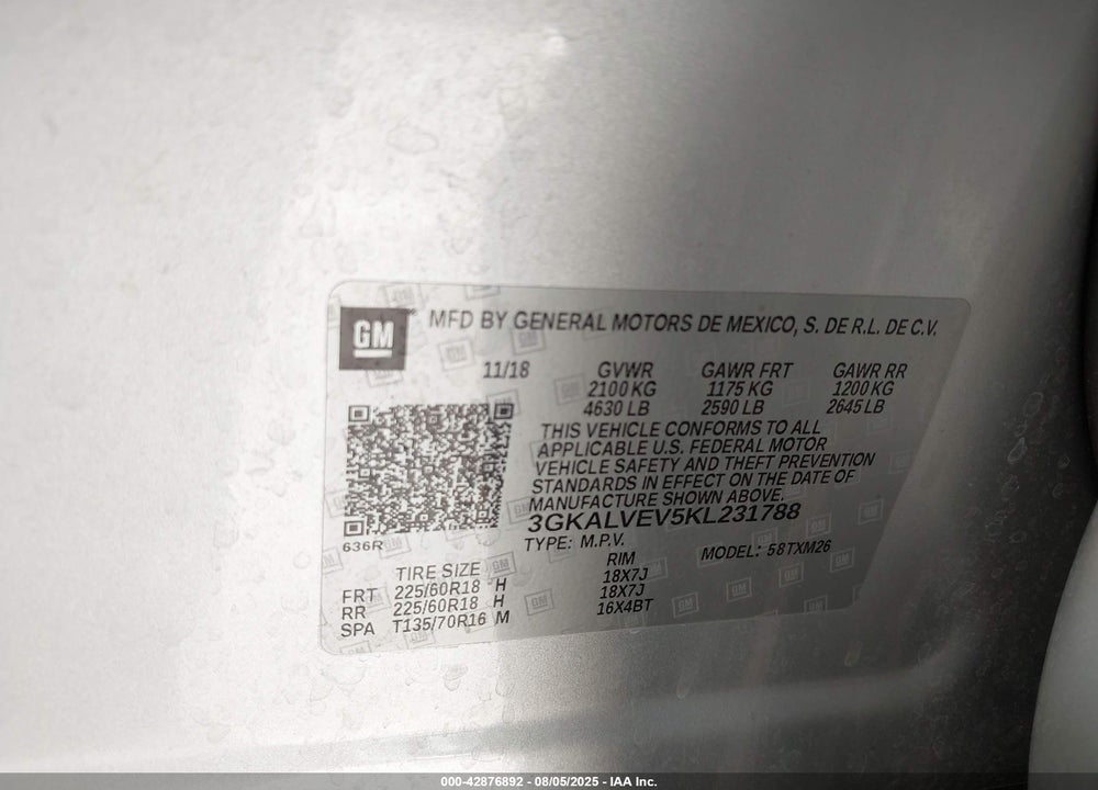 2019 GMC TERRAIN VIN: 3GKALVEV5KL231788
