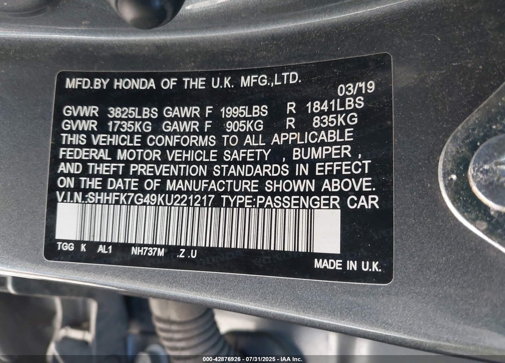 2019 HONDA CIVIC VIN: SHHFK7G49KU221217