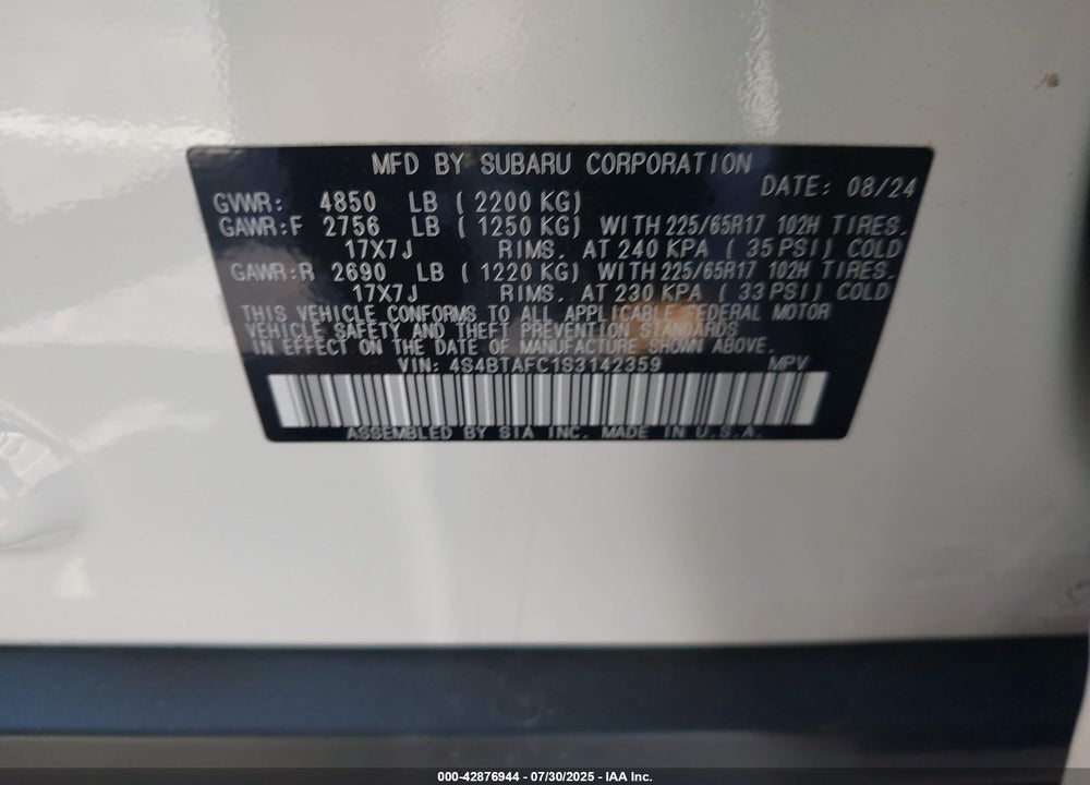 2025 SUBARU OUTBACK PREMIUM VIN: 4S4BTAFC1S3142359