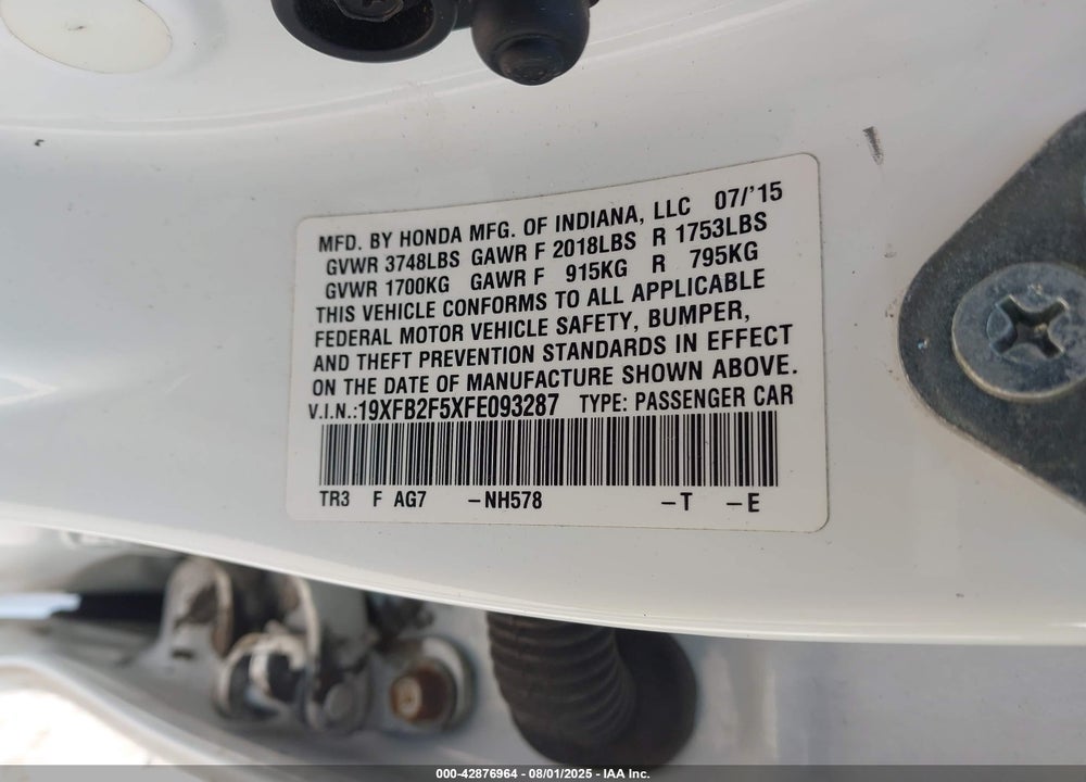 2015 HONDA CIVIC VIN: 19XFB2F5XFE093287