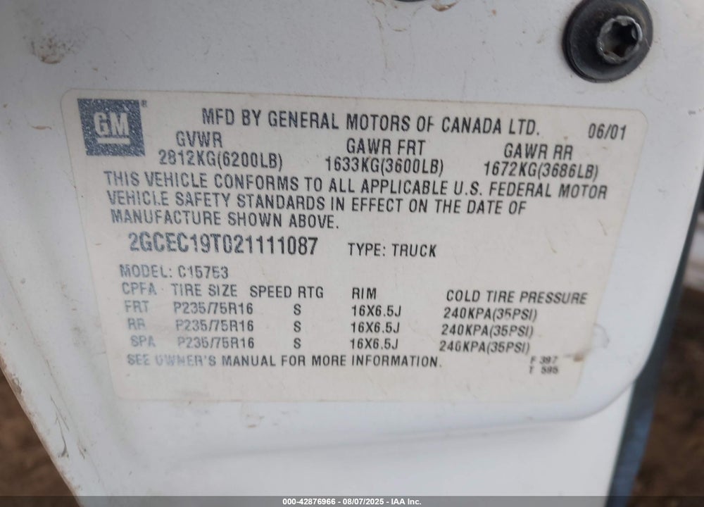 2002 CHEVROLET SILVERADO 1500 LS VIN: 2GCEC19T021111087