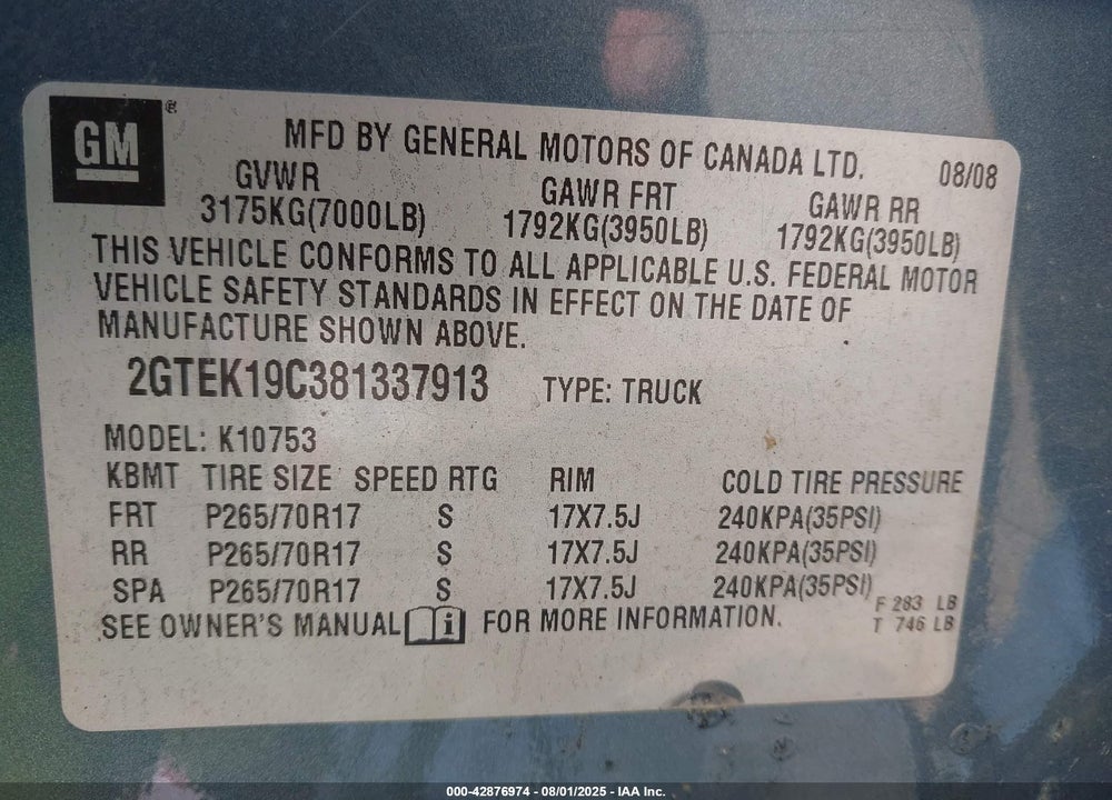 2008 GMC SIERRA 1500 VIN: 2GTEK19C381337913