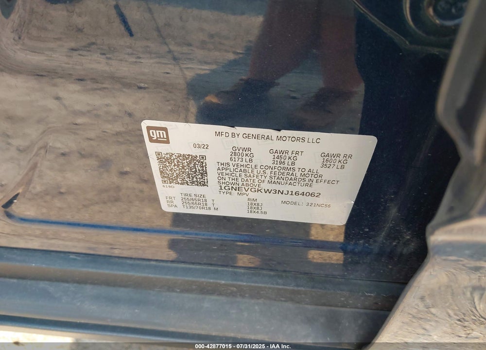 2022 CHEVROLET TRAVERSE VIN: 1GNEVGKW3NJ164062