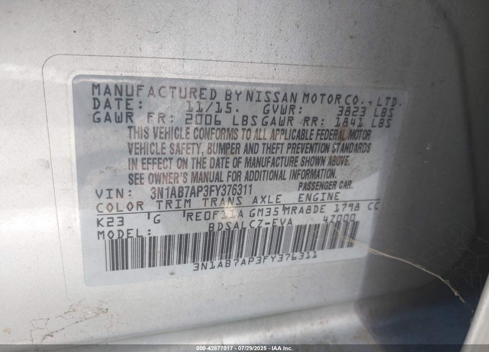 2015 NISSAN SENTRA S VIN: 3N1AB7AP3FY376311