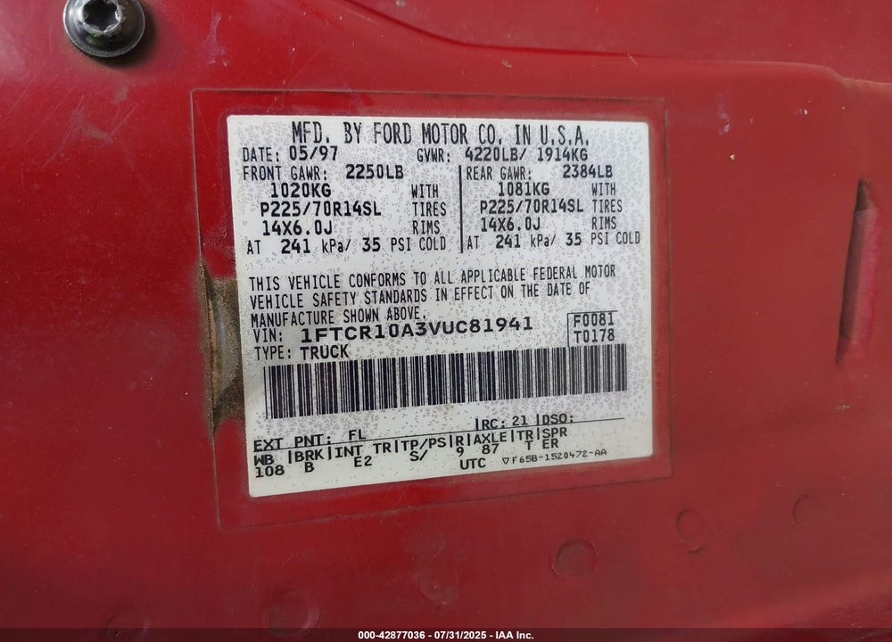 1997 RANGER FORD  SPLASH/XL/XLT VIN: 1FTCR10A3VUC81941