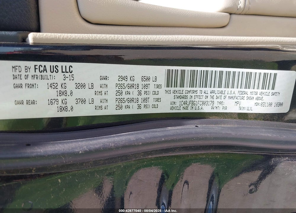 2015 JEEP GRAND CHEROKEE LIMITED VIN: 1C4RJFBG1FC803179