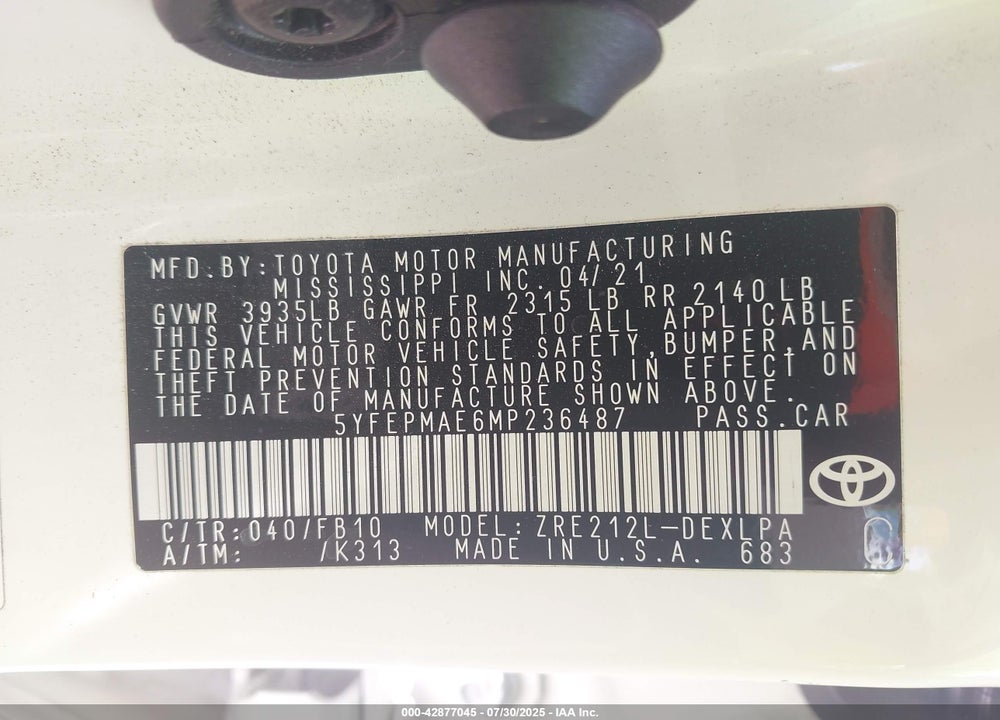 2021 TOYOTA COROLLA VIN: 5YFEPMAE6MP236487