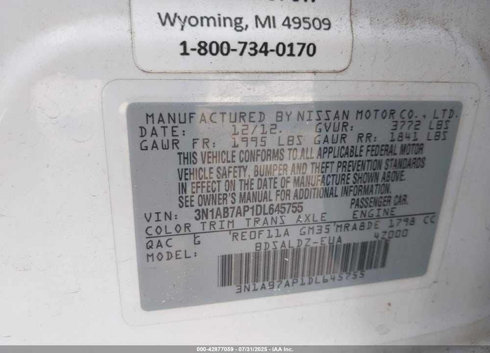 2013 NISSAN SENTRA VIN: 3N1AB7AP1DL645755