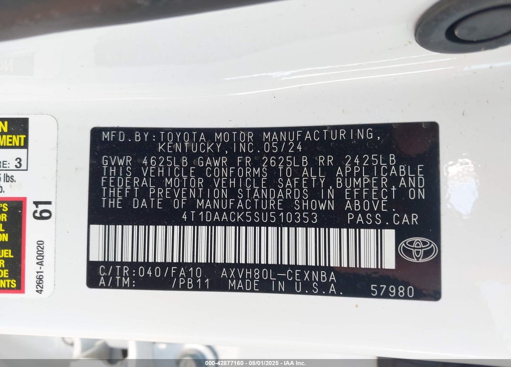 2025 TOYOTA CAMRY VIN: 4T1DAACK5SU510353