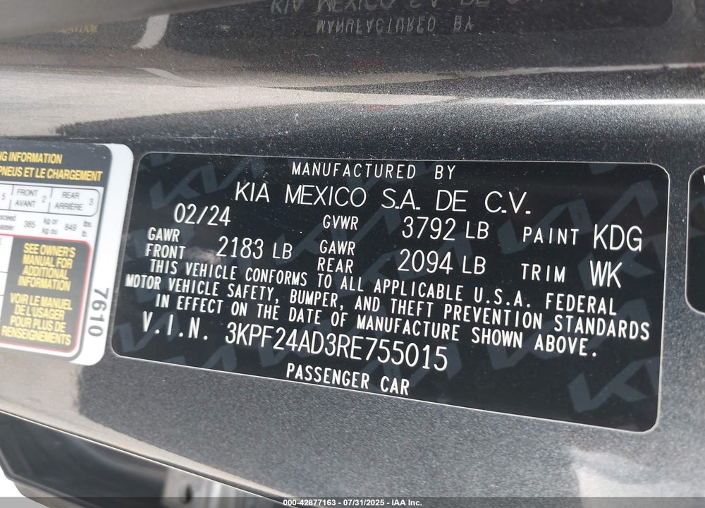 2024 KIA FORTE VIN: 3KPF24AD3RE755015