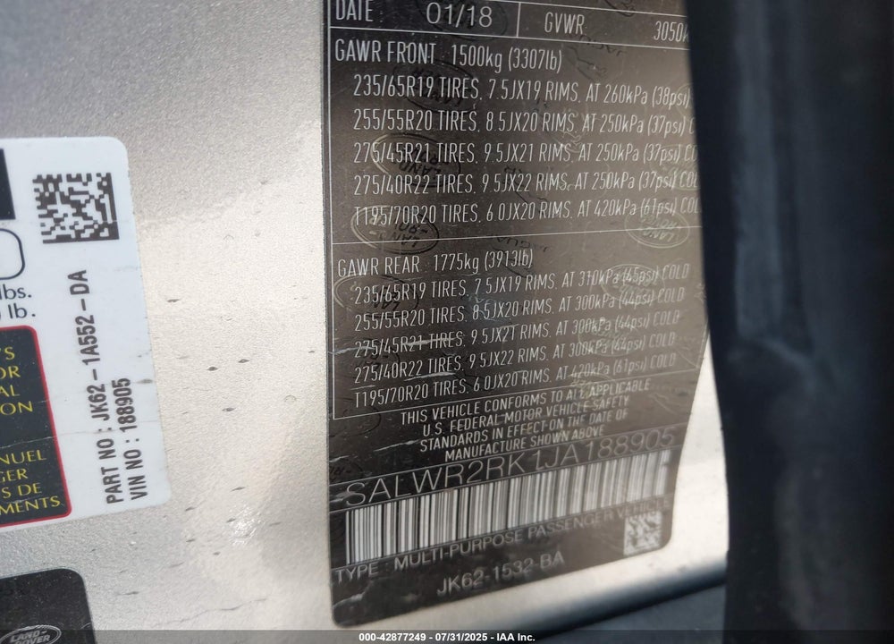 2018 LAND ROVER RANGE ROVER SPORT VIN: SALWR2RK1JA188905