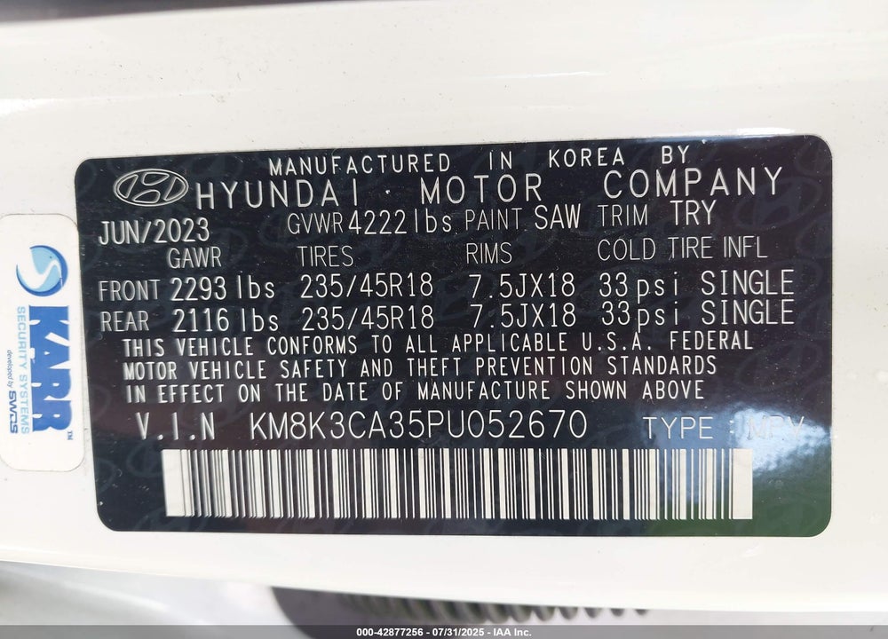 2023 HYUNDAI KONA VIN: KM8K3CA35PU052670