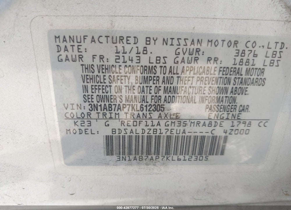 2019 NISSAN SENTRA VIN: 3N1AB7AP7KL612305
