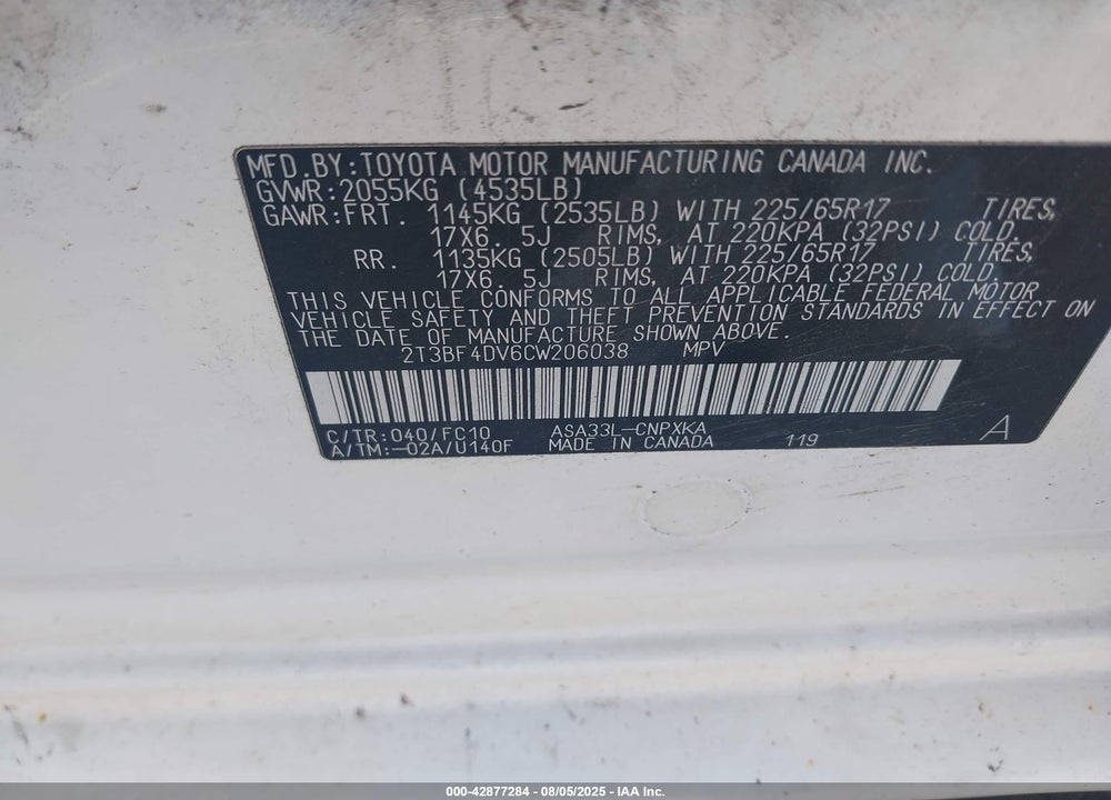 2012 TOYOTA RAV4 VIN: 2T3BF4DV6CW206038