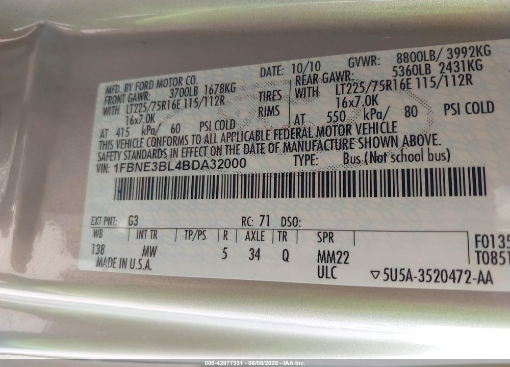 2011 FORD E-350 SUPER DUTY XLT VIN: 1FBNE3BL4BDA32000