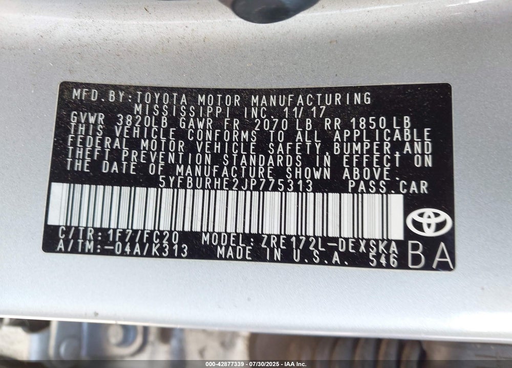 2018 TOYOTA COROLLA VIN: 5YFBURHE2JP775313