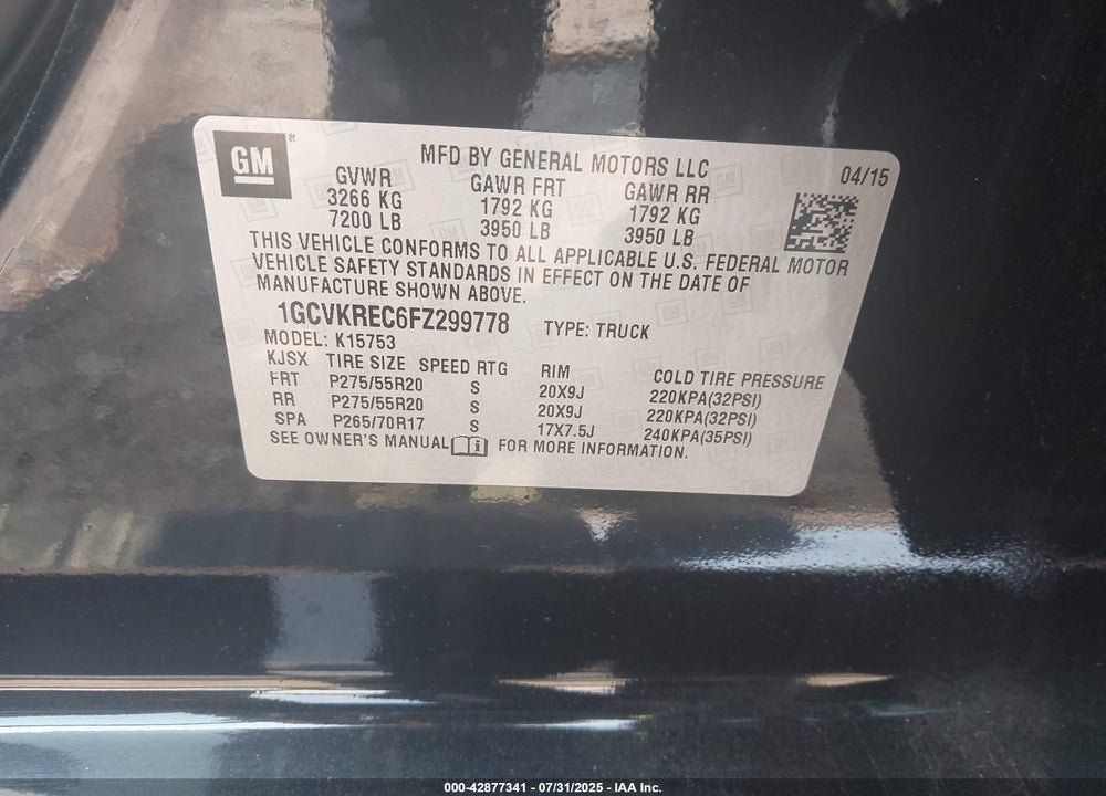 2015 CHEVROLET SILVERADO 1500 1LT VIN: 1GCVKREC6FZ299778