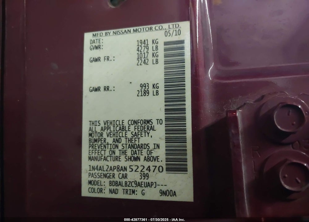 2010 NISSAN ALTIMA VIN: 1N4AL2AP8AN522470