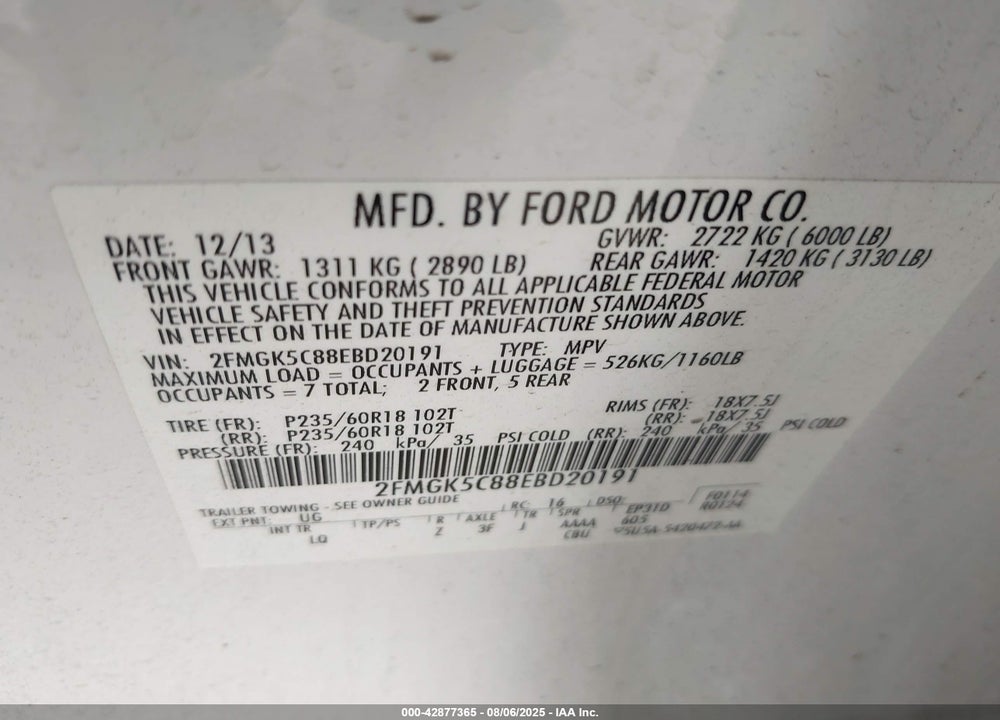 2014 FORD FLEX SEL VIN: 2FMGK5C88EBD20191