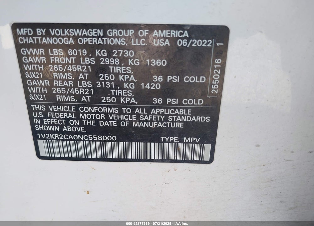 2022 VOLKSWAGEN ATLAS VIN: 1V2KR2CA0NC558000