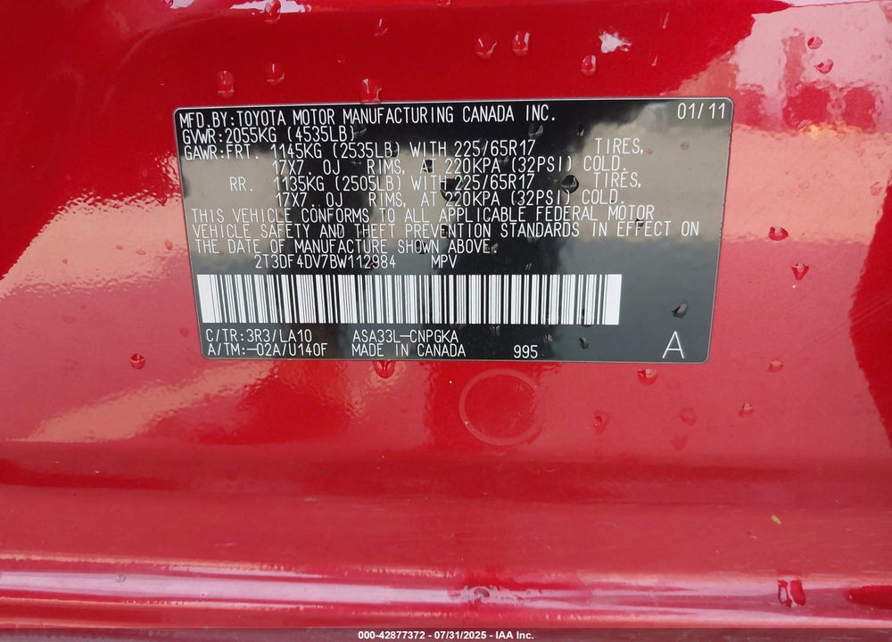 2011 TOYOTA RAV4 VIN: 2T3DF4DV7BW112984