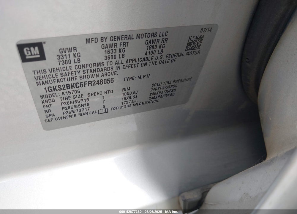 2015 GMC YUKON VIN: 1GKS2BKC6FR248056