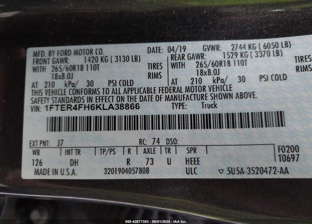 2019 FORD RANGER VIN: 1FTER4FH6KLA38866