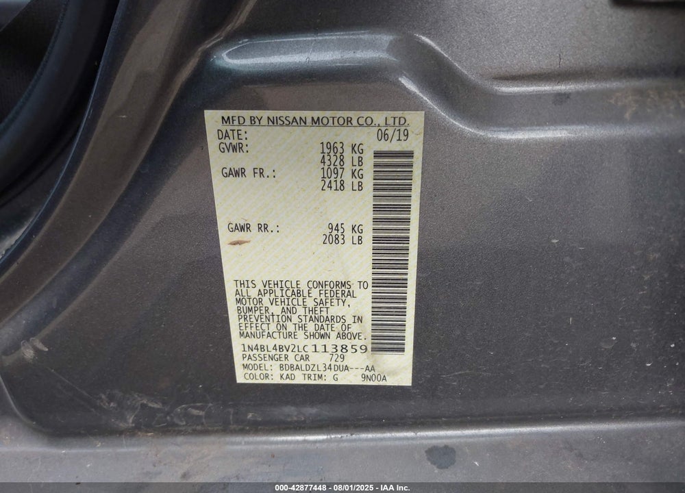 2020 NISSAN ALTIMA VIN: 1N4BL4BV2LC113859