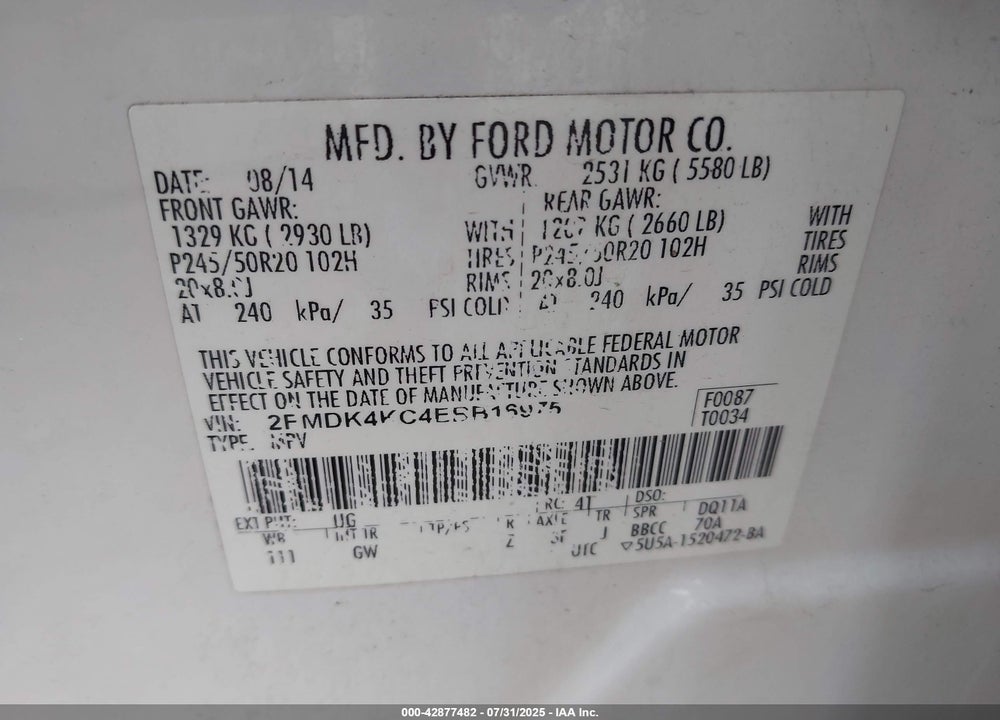 2014 FORD EDGE VIN: 2FMDK4KC4EBB16975