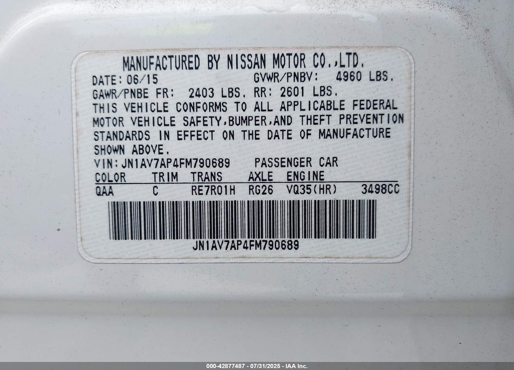 2015 INFINITI Q50 VIN: JN1AV7AP4FM790689