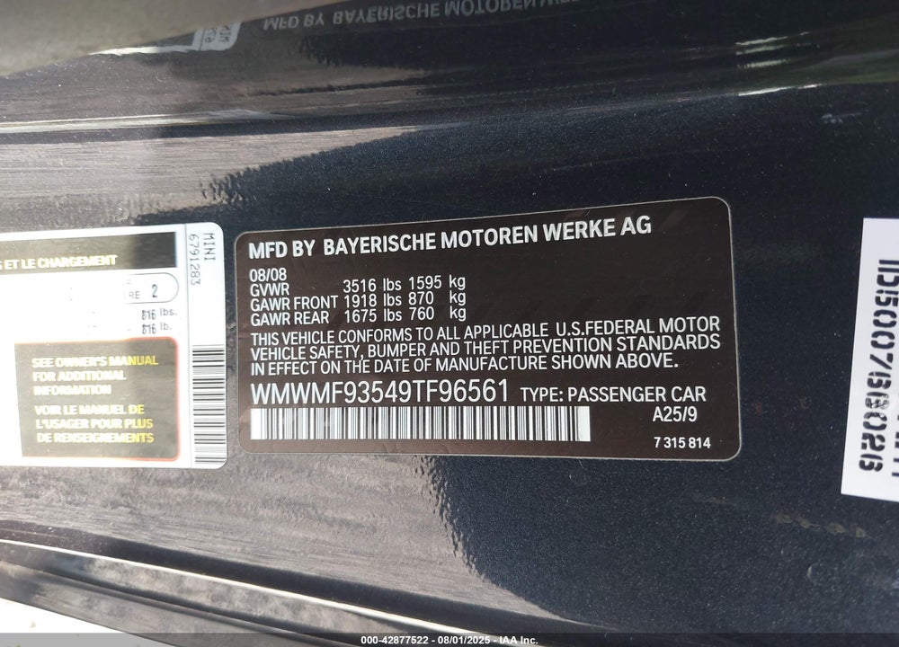 2009 MINI JOHN COOPER WORKS VIN: WMWMF93549TF96561