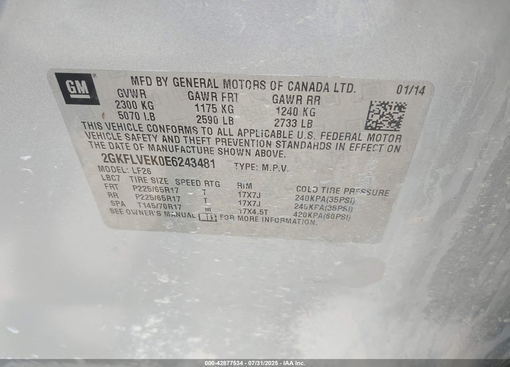 2014 GMC TERRAIN VIN: 2GKFLVEK0E6243481