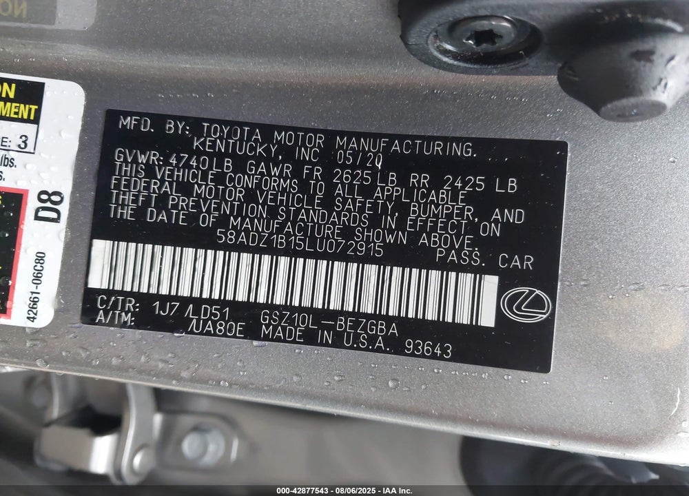 2020 LEXUS ES 350 VIN: 58ADZ1B15LU072915