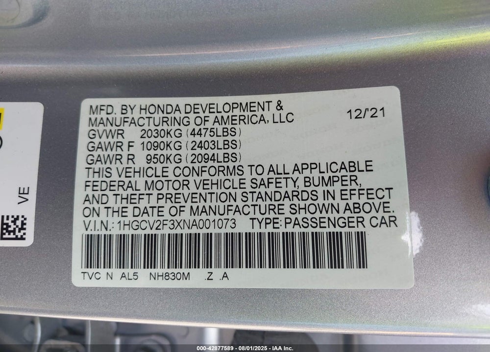 2022 HONDA ACCORD VIN: 1HGCV2F3XNA001073