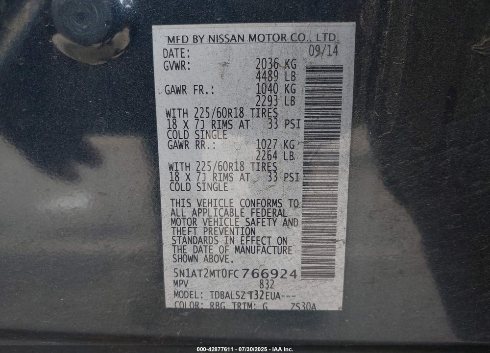 2015 NISSAN ROGUE VIN: 5N1AT2MT0FC766924