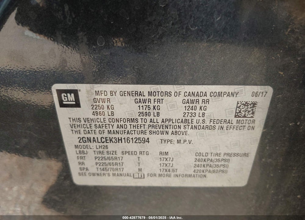 2017 CHEVROLET EQUINOX VIN: 2GNALCEK3H1612594