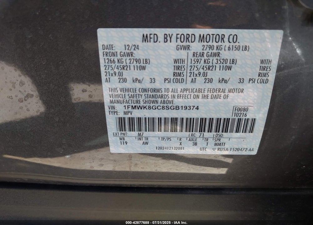 2025 FORD EXPLORER ST VIN: 1FMWK8GC8SGB19374