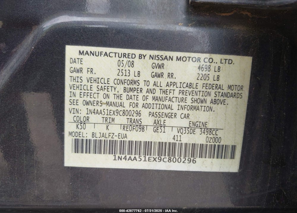 2009 NISSAN MAXIMA VIN: 1N4AA51EX9C800296