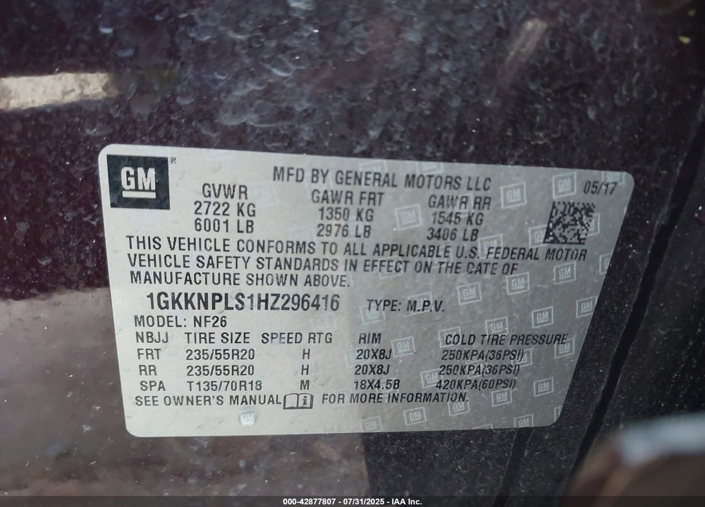 2017 GMC ACADIA VIN: 1GKKNPLS1HZ296416