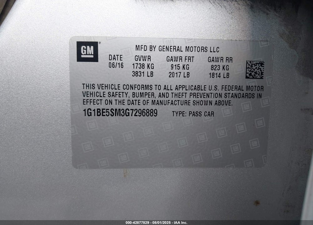 2016 CHEVROLET CRUZE VIN: 1G1BE5SM3G7296889