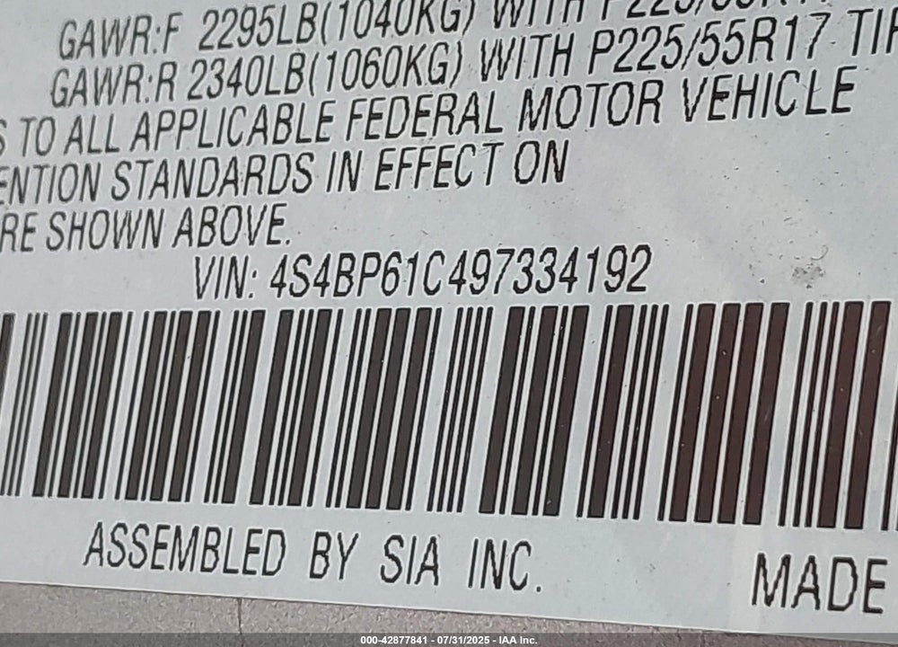 2009 SUBARU OUTBACK VIN: 4S4BP61C497334192