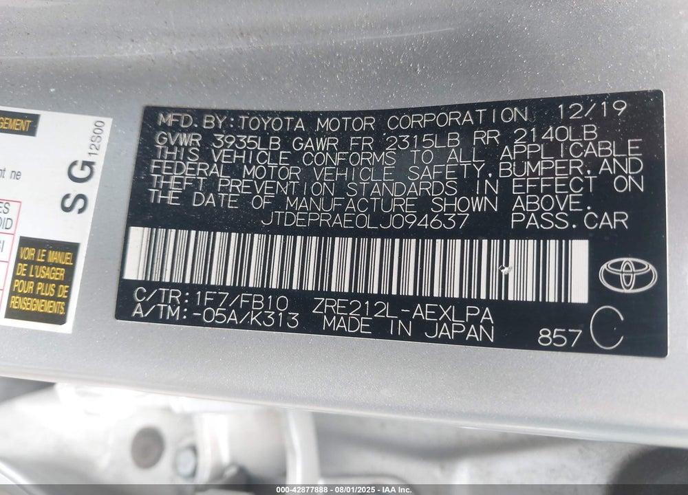 2020 TOYOTA COROLLA VIN: JTDEPRAE0LJ094637