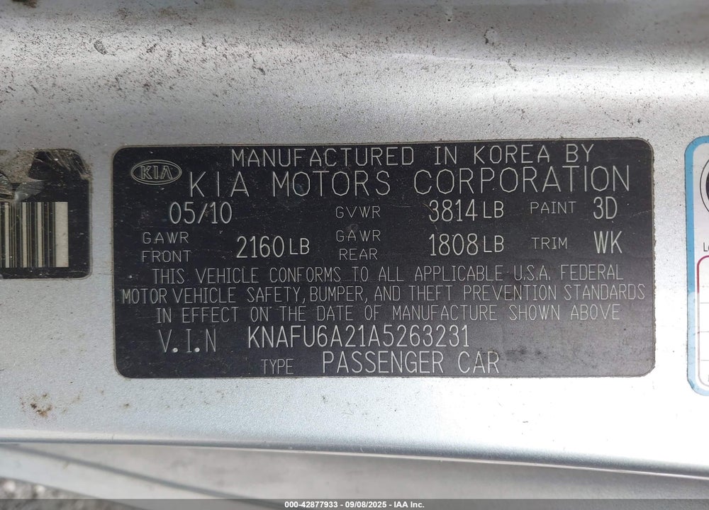 2010 KIA FORTE KOUP VIN: KNAFU6A21A5263231