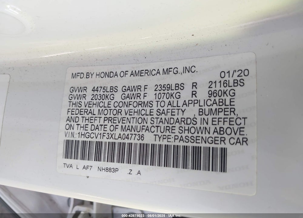 2020 HONDA ACCORD VIN: 1HGCV1F3XLA047736
