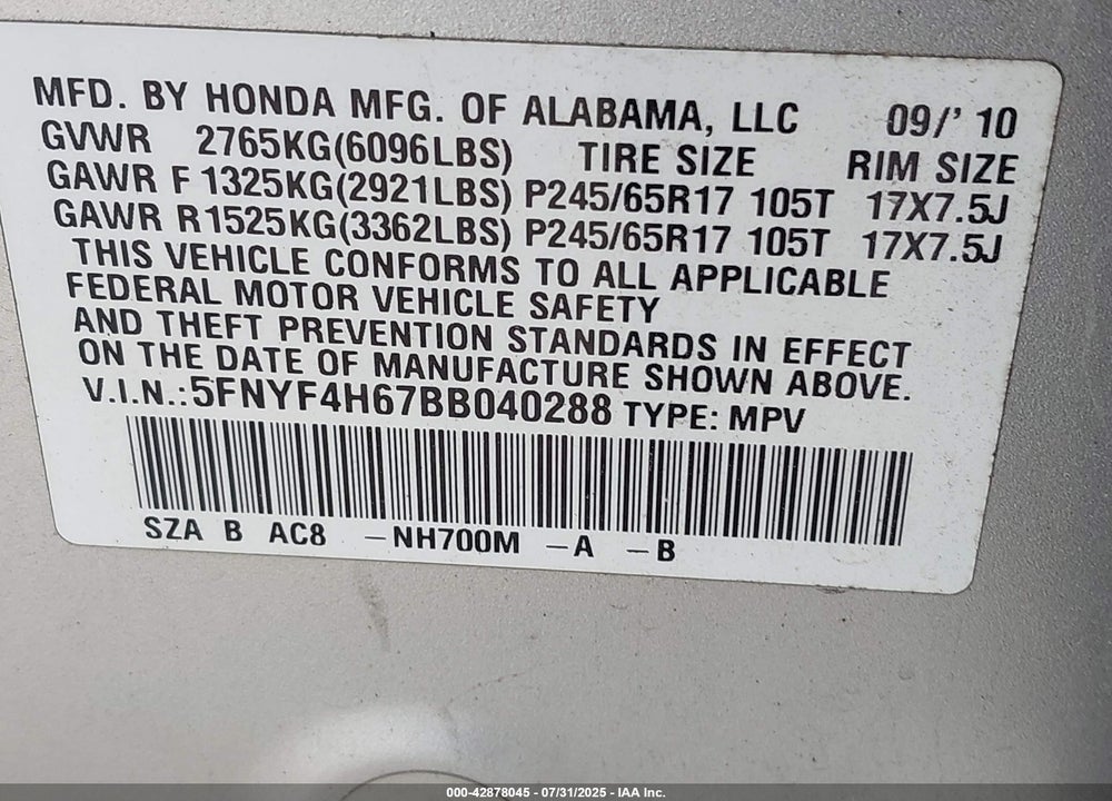 2011 HONDA PILOT EX-L VIN: 5FNYF4H67BB040288